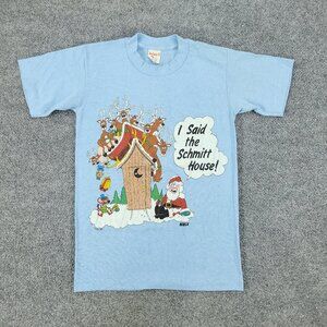 Vintage Santa Claus Shirt Men's Small Blue Reindeer Holiday Graphic Short Sleeve